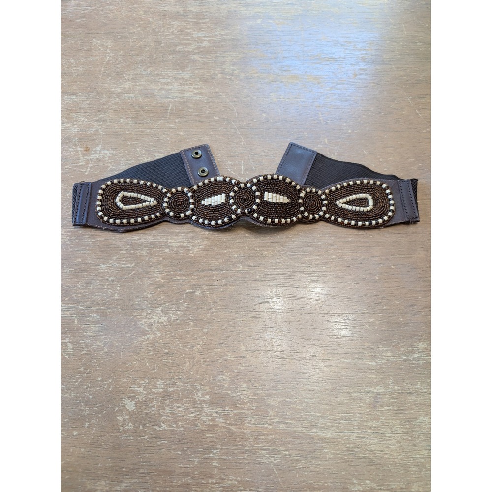 NWT Anthropologie Brown Beaded Leather Elastic Waist Cinch Belt Y2K Small hippie